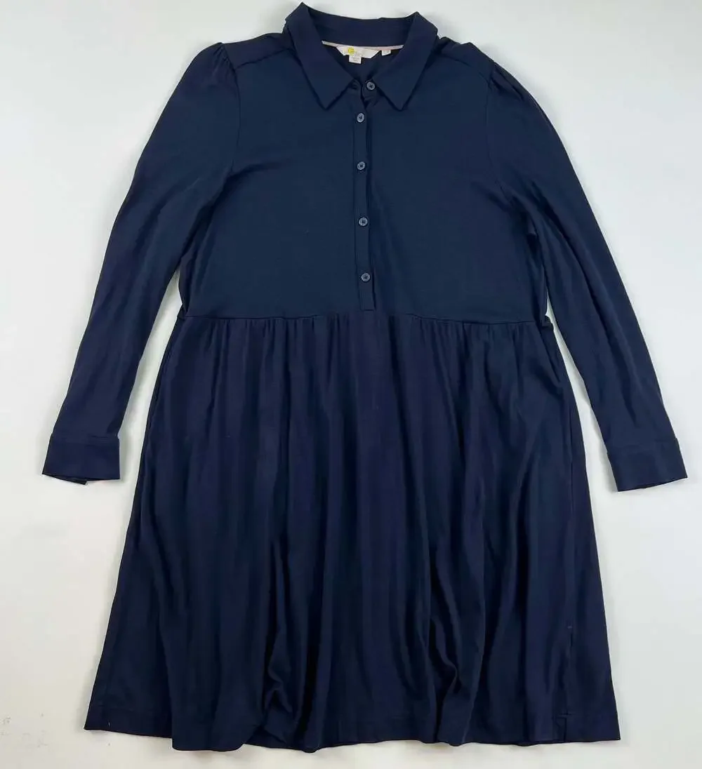 Boden Navy Button-Front Long-Sleeve Jersey Shirt Dress Size 14